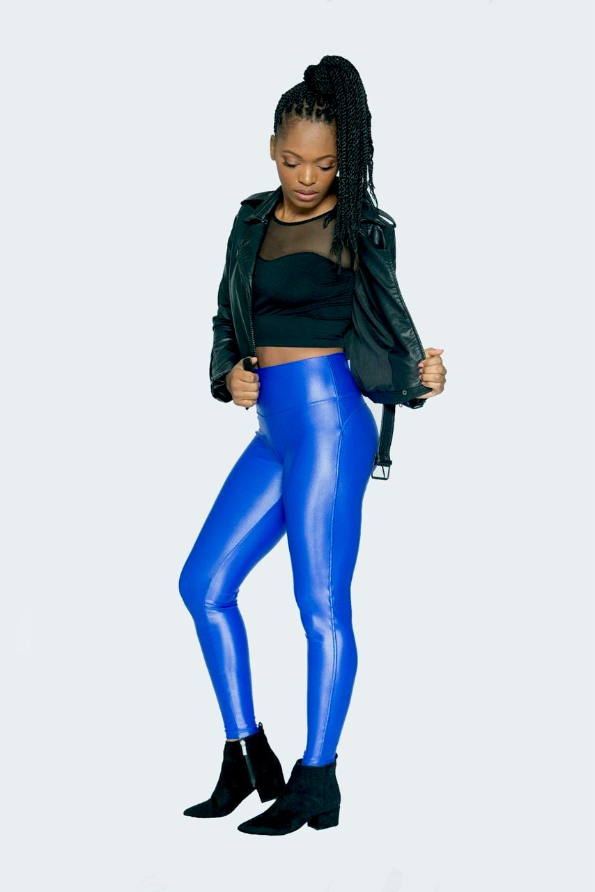 Ladies Fashion Hipster Lycra Leggings - Wet Look Blue